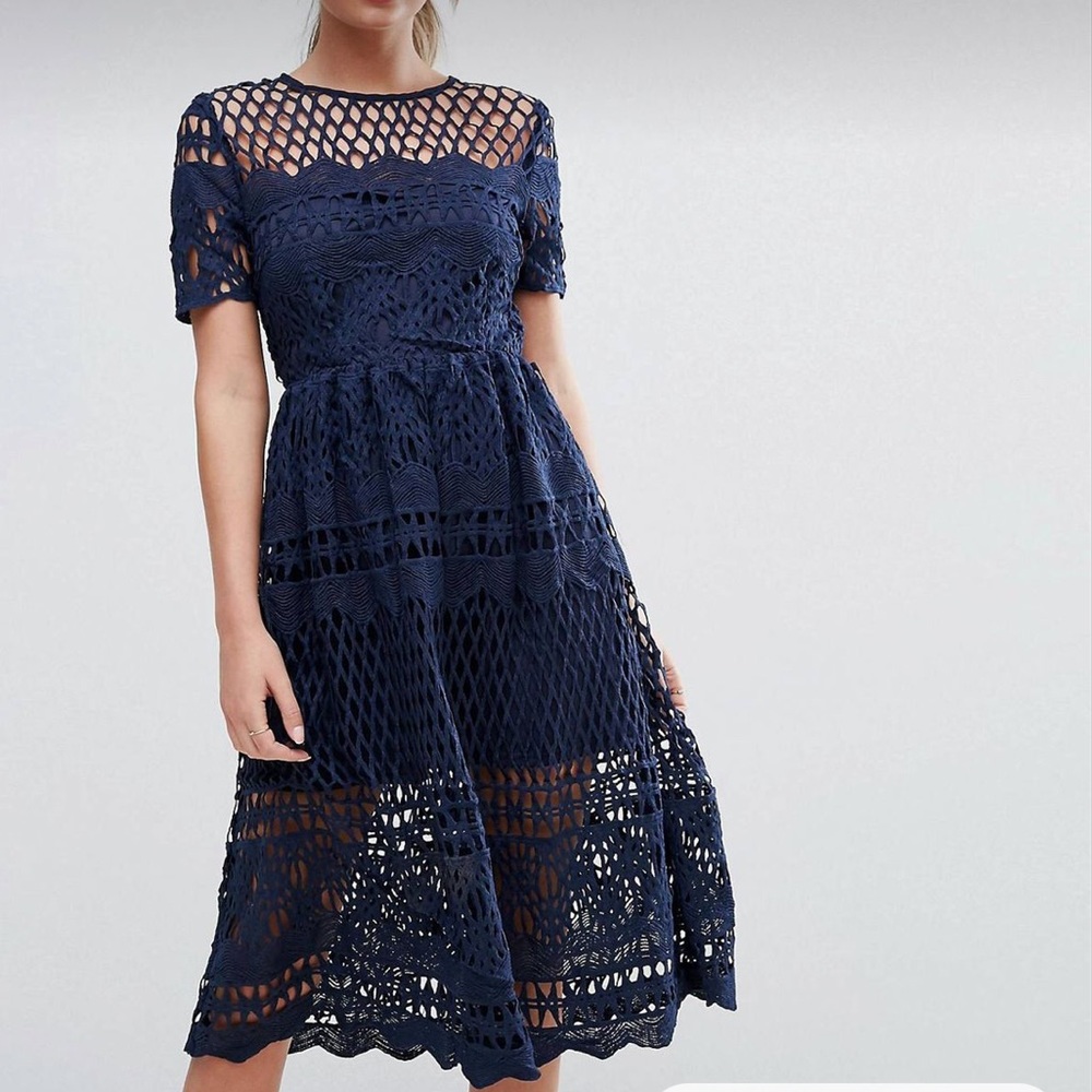 Boohoo Navy Crochet Midi Dress